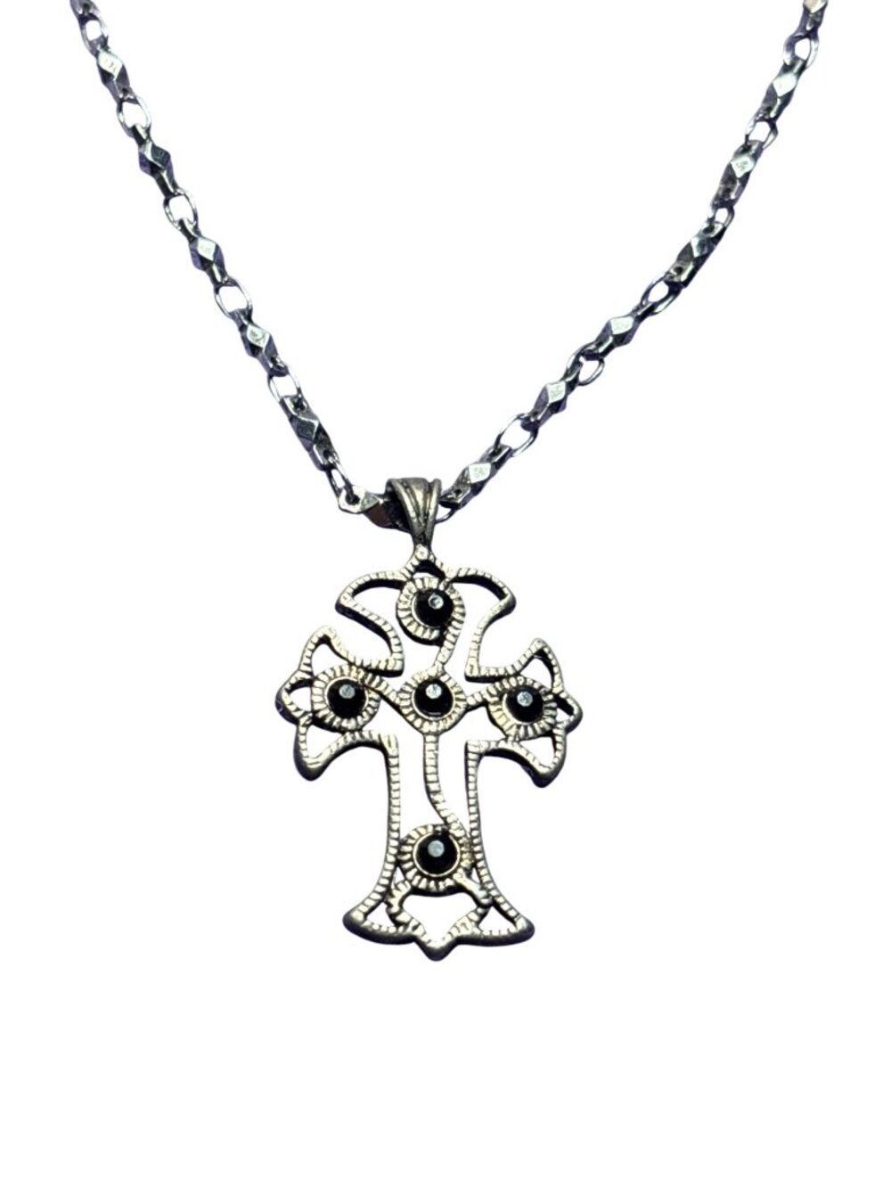 Vintage Silvertone Black Rhinestone Cross Pendant Necklace Faceted Chain